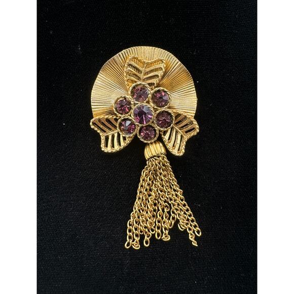 Vintage Gold Tone Amethyst Crystal Tassel Brooch - Picture 1 of 10